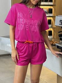 INAWLY Women's Casual Slogan Printed Short Sleeve T-Shirt And Shorts Set, Summer