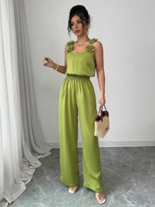 Elenzga Nouvelle combinaison ample sans manches décontractée avec décoration florale brodée, convenant pour les vacances printanières/estivales