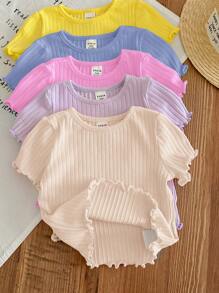 SHEIN LMoss Kids 5件套女童夏季可爱罗纹纯色荷叶边下摆短袖上衣 - 彩色 - 查看 3