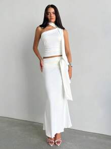 Aloruh Women's Solid Color Ruched Shoulder Top & Mermaid Hem Skirt 2 Pieces Set - White - View 5