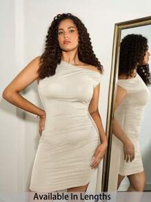 SHEIN Tall CURVE PLUS SIZE Women's Summer Solid Oblique-Shoulder Asymmetrically Ruched Bodycon Mini Dress With Draped Straps - Apricot - View 1