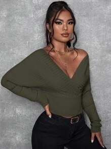 SHEIN SXY 女士纯色露肩长袖休闲套头毛衣，秋冬季，长袖上衣 - 軍綠色 - 查看 4