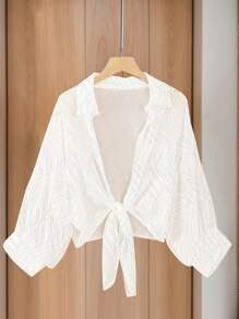 Calvaya 大码女式雪纺宽松系带花卉印花优雅白色休闲衬衫