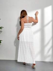 Firerie Set de 2 piezas para talla grande: Top de camiseta sin mangas de tela texturizada blanca y transparente con tirantes y falda larga holgada con opción de lazo y forro interior, elegante y apropiado para vacaciones, tardes de té, citas, conciertos, fiestas, estilo retro escolar, sesiones de fotos en la playa.