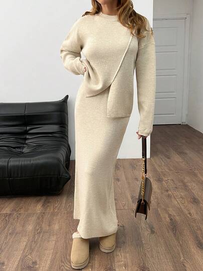 EURMUSE Women Asymmetrical Cut High Neck Sweater And Maxi Knit Sweater Kirt 2pcs Set Co-Ords,Winter Clothes
