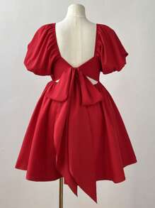 Sweetra Vestido de Manga Balão com Laço nas Costas, Estilo Romântico Minimalista de Princesa, Vestido para Campanha, Férias, Praia, Dia dos Namorados, Páscoa, Casamento, Plus Size, Primavera/Verão
