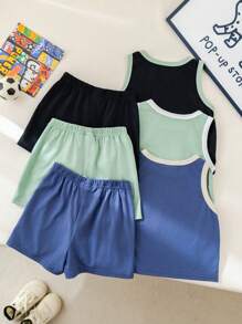 SHEIN 6 Pieces Baby Boys Set: Solid Color Knit Soft Round Neck Sleeveless Top And Elastic Waist Shorts For Boys And Girls - Multicolor - View 4