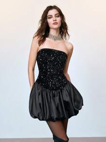 SHEIN LUNE Women's Sparkly Sequin Fitted Wrap Bodycon Mini Dress, Sexy Party Balloon Dress,Prom Dress,Black Dress,Sequin Dress,Tube Dress,Party Dresses For Women,Graduation Dress - Black - View 8