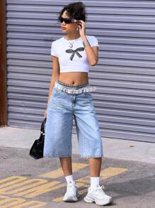 SHEIN Y2K Spring Summer Light Denim Cropped Long Shorts For Teen Girls, Loose Straight Leg Shorts, American High Street Summer New Low Waisted Slim And Wide Leg Mid Length Pants