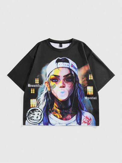 Anime تي شيرت طباعة الرسوم المتحركة للرجال، مناسب للارتداء اليومي، للربيع/الصيف