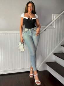 Firerie Women's Elegant Contrast Black And White Color Asymmetric Deep V-Neck Sleeveless Bodysuit , Full Coverage Bikini For Vacation,Beach,Summer/Spring