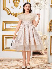 SHEIN Tween Girl 优雅欧根纱拼布荷叶边领提花无袖连衣裙 - 金色 - 查看 7