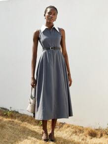 Aveloria Modichic Vestido largo elegante minimalista de alta gama para mujer con cremallera oculta delante y en la cintura, sin mangas y con cinturón de PU