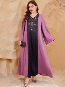 Al Najma Vestido de Talla Grande con Escote en V, Parches con Rhinestones, Elegante - Multicolor - Ver 3