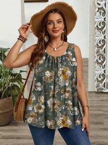 EMERY ROSE Plus Size Loose Ruched Tank Top With Khaki Ditsy Floral, Adjustable Strap, Suitable For Spring/Summer Resort Wear - Multicolor - View 6