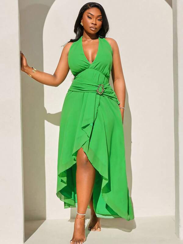 SHEIN SXY Plus Size Women's Spring And Summer Sexy Green Backless Flowing Long Skirt With Front Mid-High Slits And Layered Decorative Floor-Length Waist,Suitable For Early Spring, Spring And Summer, Rainforest, Beach Party, Seaside Vacation, Bonfire Party, Cool And Light, Slim Fit, Comfortable To Wear,Easy To Match&Looks Slim,Accent Your Body,Flatter The Figure