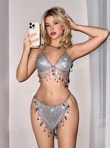 Sweetina Women's Adjustable Sparkly Diamond Casual Top & Mini Skirt Cover Up Set, Minimalist & Fashionable For Everyday, For Summer Beach Vacation - Silver - View 3