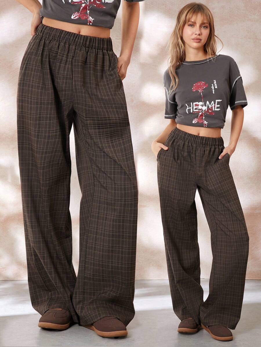 Easelle 下摆饰有猪鼻纽扣的格子长裤 - 咖啡棕 - 查看 1