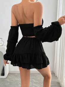 INAWLY Top lungo con maniche lunghe e spalle scoperte con gonna, completo da donna - nero - Visualizzare 2