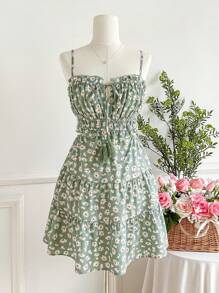 SHEIN VCAY Đầm mini hở eo in họa tiết spaghetti cho nữ, trang phục mùa hè cho nữ - màu xanh lá - Xem 1