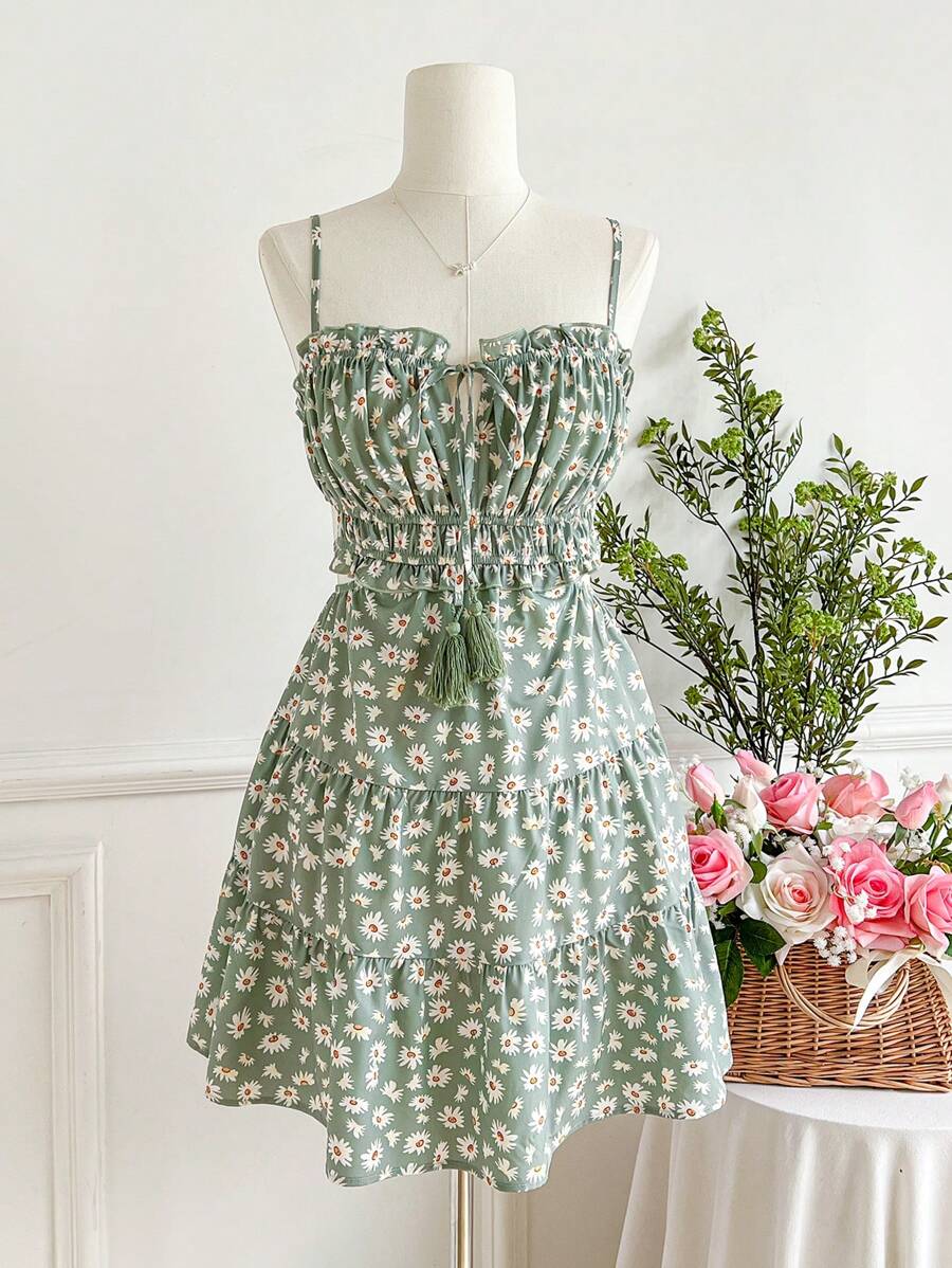 SHEIN VCAY Đầm mini hở eo in họa tiết spaghetti cho nữ, trang phục mùa hè cho nữ - màu xanh lá - Xem 1