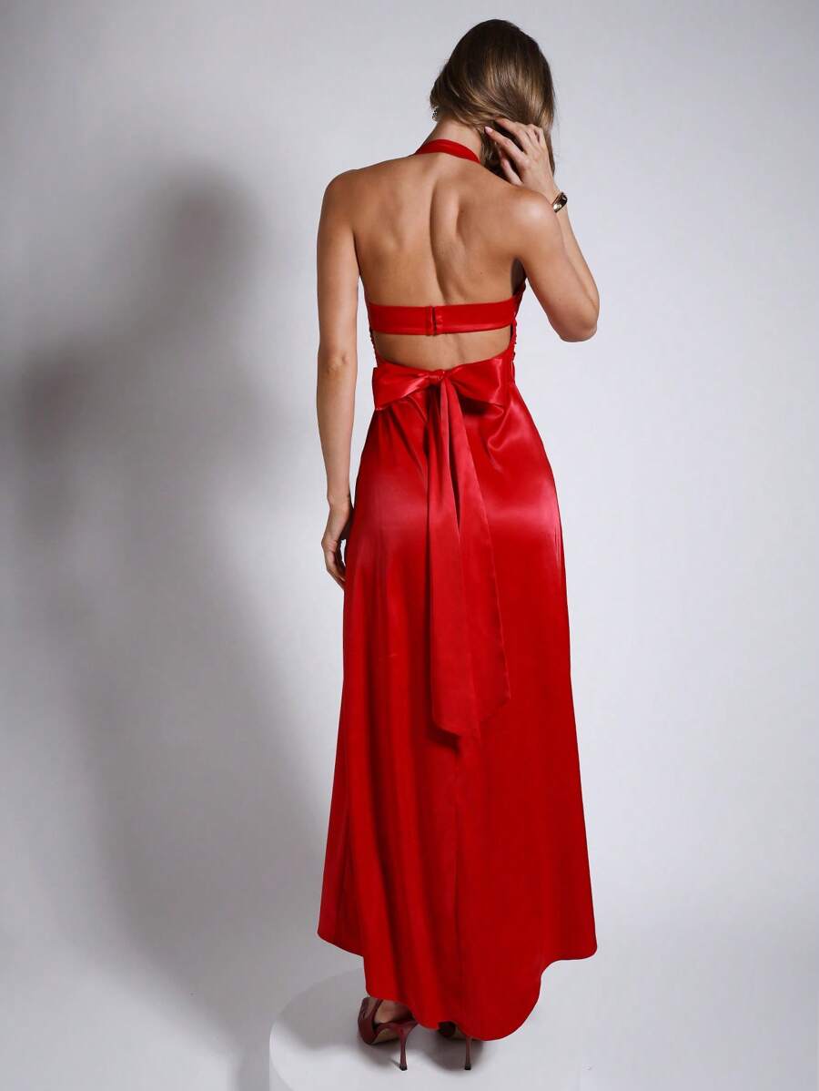 COSMINA 优雅派对/情人节女士红色镂空露背连衣裙，春夏 - 紅色 - 查看 1