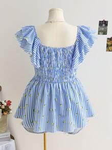 Soleia Plus Size Women Vacation Spring Blue Striped Lemon Printed Cap Sleeve Front Tie Hem Blouse - Multicolor - View 2