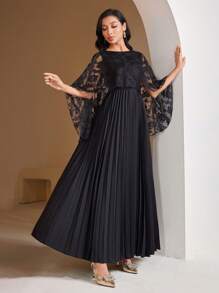 Veilorie Women's Solid Color Lace Patchwork Casual Mid-Length Dress - Black - View 4