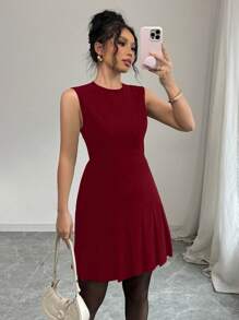 Elenzga 女士休闲无袖优雅纯色荷叶边下摆修身迷你连衣裙，适合生日派对/泡泡袖圣诞派对连衣裙、新年前夜勃艮第连衣裙、节日连衣裙