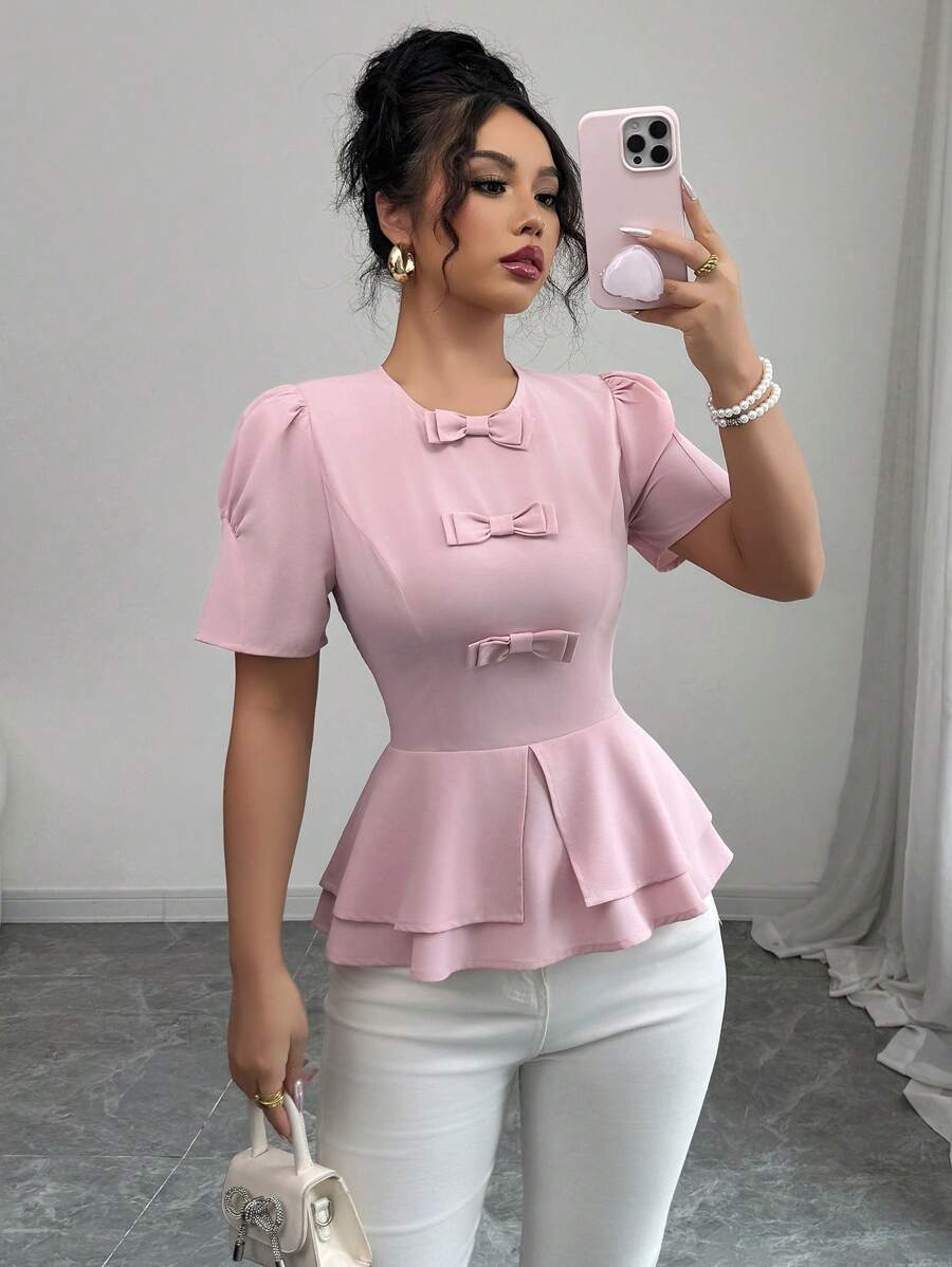 Elenzga Áo cánh tay ngắn màu hồng cổ tròn xếp ly hai lớp dáng chữ A tay bồng trang trí nơ 3D đơn giản cho nữ, thích hợp cho kỳ nghỉ/đi làm mùa xuân/hè - Hồng - Xem 1