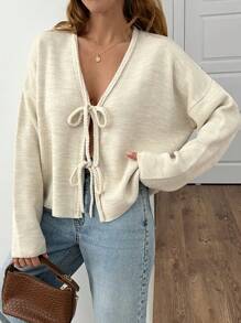 EURMUSE Damen Beige Cardigan - Cardigan mit doppelter Schleife vorne & V-Ausschnitt, minimalistischer Strickpullover #NeuerHerbstmode #BrunchReady #Straßenszene Schleife vorne Pullover Sommer Pullover leichter Pullover Schleife vorne Top Damen Cardigan - Beige - Übersicht 6