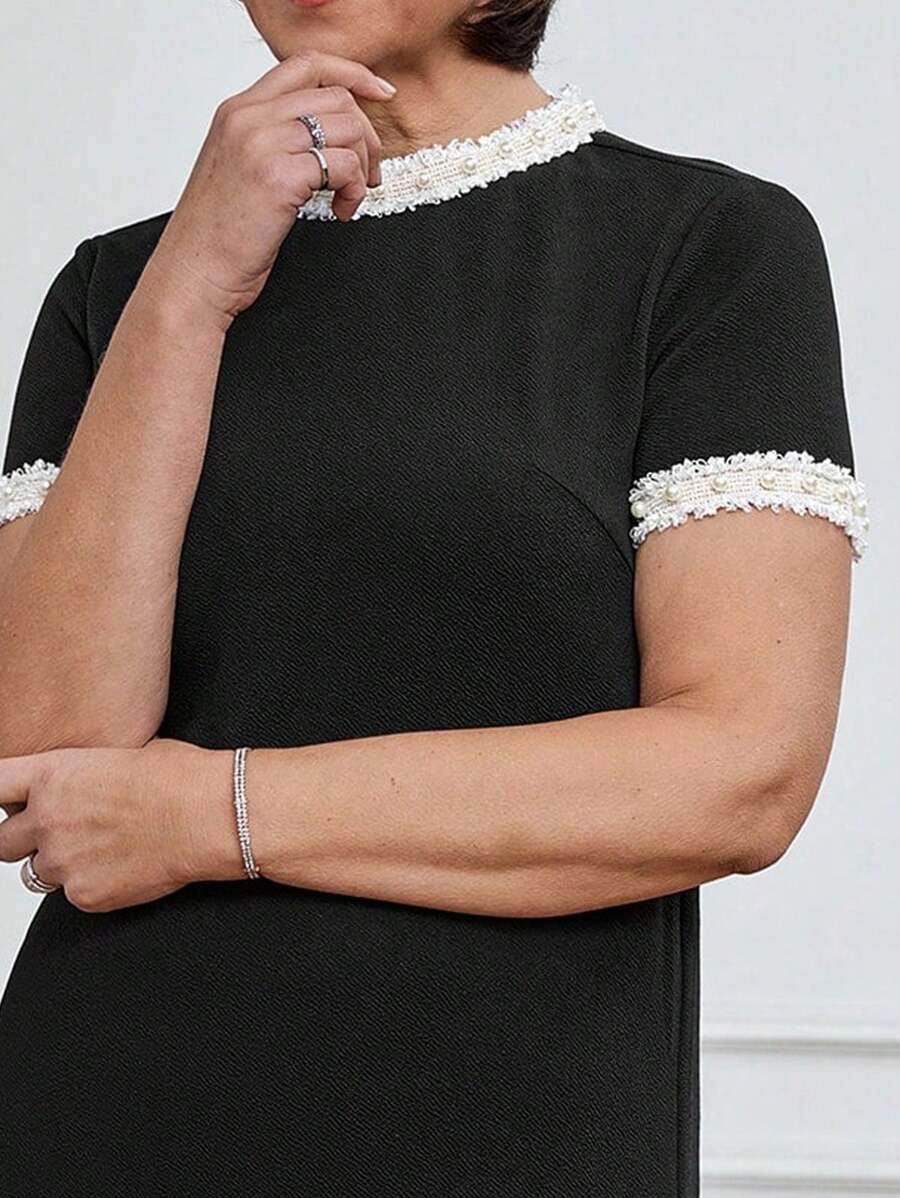 Miaspire 女士休闲串珠带领设计圆领短袖黑色迷你连衣裙，春夏日常穿着 - 黑色 - 查看 1