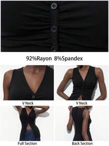 Maija Blusa larga de mujer con cuello en V negro sólido, diseño fruncido, sin mangas, apta para usarse en resorts y festivales