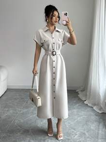 Elenzga 女士纯色前扣开合短袖口袋休闲中长连衣裙 - 杏色 - 查看 1