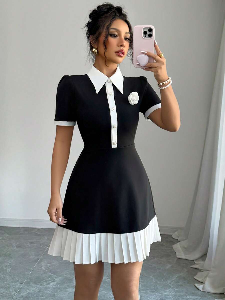 Elenzga Women's Contrast Color 3D Floral Mini Dress With Half-Open Collar - Black - View 1