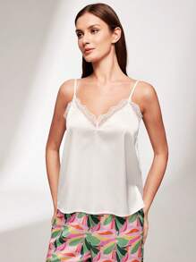 LUVLETTE Silky Satin Lace Trim V-Neck Camisole Top & Patterned Pants Loungewear Airy Pajama Set Pants With Pockets Lingerie As Outerwear Lounge Sets For Women Bridal Intimates