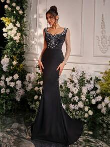 Glamrae Elegant Black V-Neck Long Sleeve Luxury 3D Rhinestone Handmade Beaded Sheer Mesh Backless Mermaid Tail Train Evening Gown,Party Dress,Formal,Wedding Guest