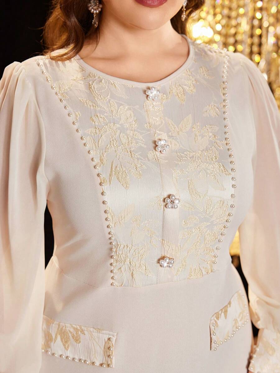 Modelyn 雪紡拼接提花布料長袖優雅大尺碼洋裝 - 杏色 - 查看 1