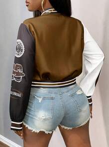 Slaydiva 秋冬休闲街头棒球服长袖修身绿白黑Logo标语全印花女外套-C