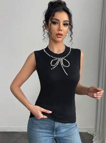 Chiquease Elegant Casual Crew Neck Pullover Knit Top With Bow Decor, Everyday Wear, Spring