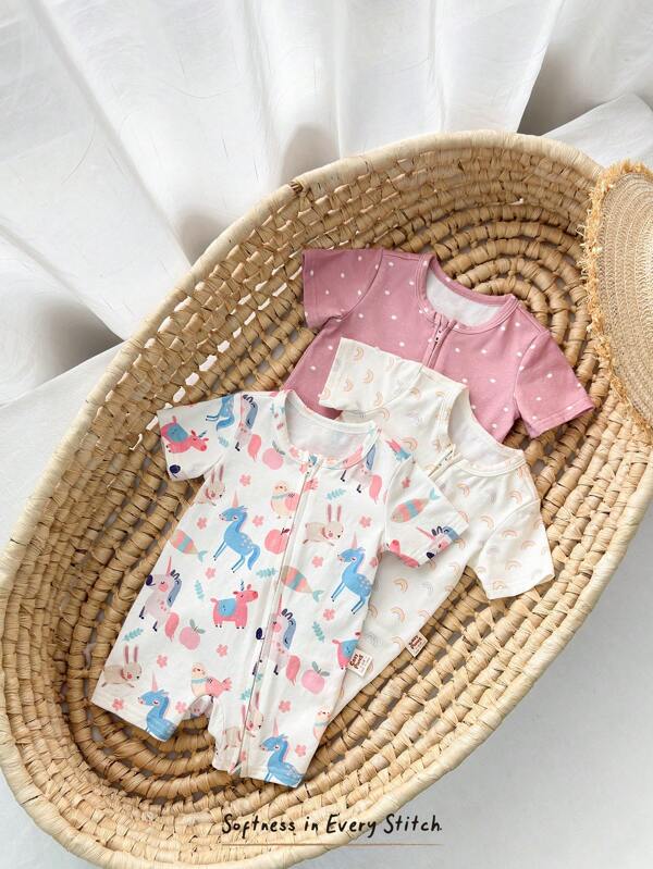 Cozy Pixies Neugeborenen Baby 3er-Set Cartoon Tiermuster Strick Rundhals Kurzarm Romper & Shorts Outfit