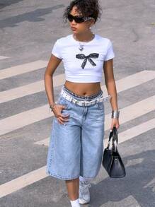 SHEIN Y2K Spring Summer Light Denim Cropped Long Shorts For Teen Girls, Loose Straight Leg Shorts, American High Street Summer New Low Waisted Slim And Wide Leg Mid Length Pants