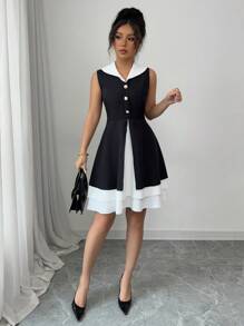 Elenzga Mùa xuân/hè mới về thanh lịch cài nút ngọc trai màu tương phản ve áo không tay cho nữ - Đen và trắng - Xem 3