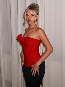 Glamine Gramin Early Spring Red New Women's Textured Jacquard Love Fabric Removable 3D Flower Backless Strap Waist Tube Top Short Top Suitable For Vacation Romantic Date Party Versatile Top