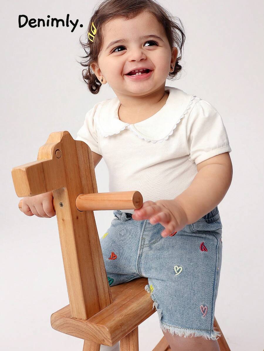 Denimly Baby Girl Stylish Casual Cute Colorful Heart Embroidery Denim Elasticated Waist Shorts With Frayed Hem - Light Wash - View 1