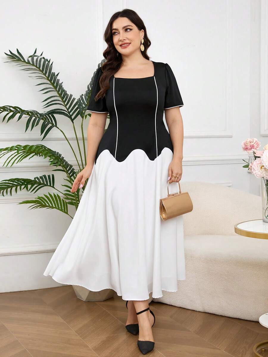 Modelyn Plus Size Casual Everyday Dress, Simple Style - Black and White - View 1