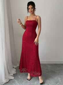 Elenzga Women's Fitted Lace Dress With Mermaid Hemline - Burgundy - View 5