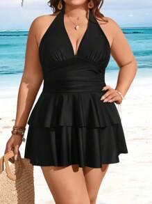 Swim Lushoire Vestido de baño y Bottom con volantes de varios niveles en unicolor, estilo halter fruncido, para tallas grandes, para vacaciones de verano en la playa