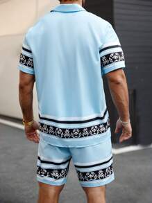 Manfinity Homme Plus Size Heren Korte Mouw Shirt En Shorts Set, Effen Kleur Met Knoopsluiting