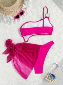 Swim Mod 2pcs Textured Ombre Hollow Out One Shoulder Sexy & Mini Skirt 1-Piece Bikini Swimsuit For Women, Spring Break - Hot Pink - View 4